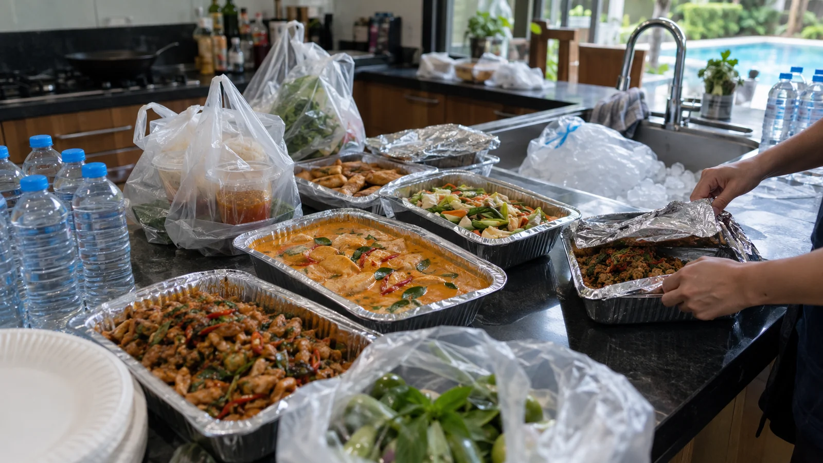 Foil trays of Thai food and a bag of ice on a villa kitchen counter