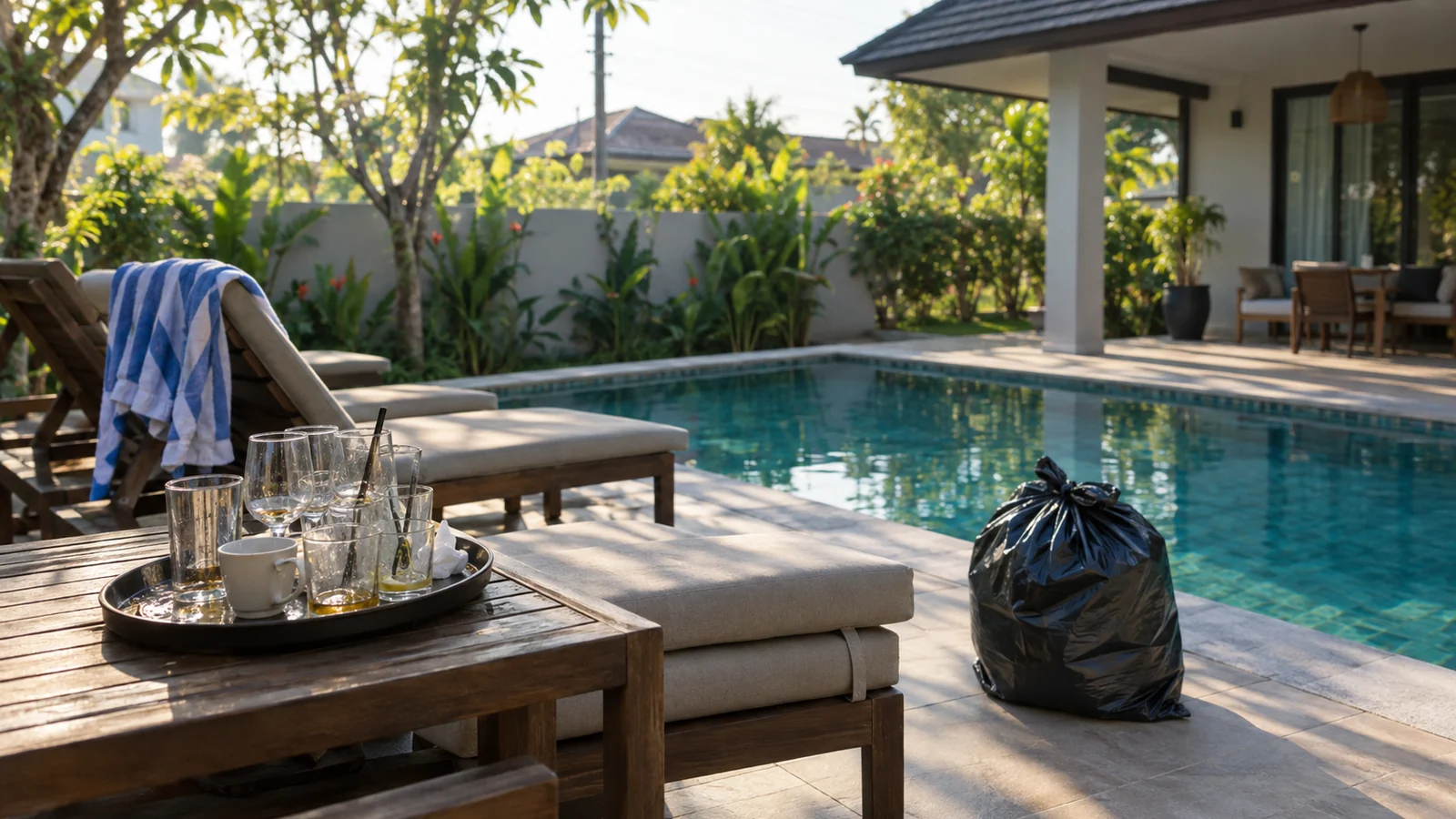 A tray of used glasses and a tied bin bag beside a villa pool in early light