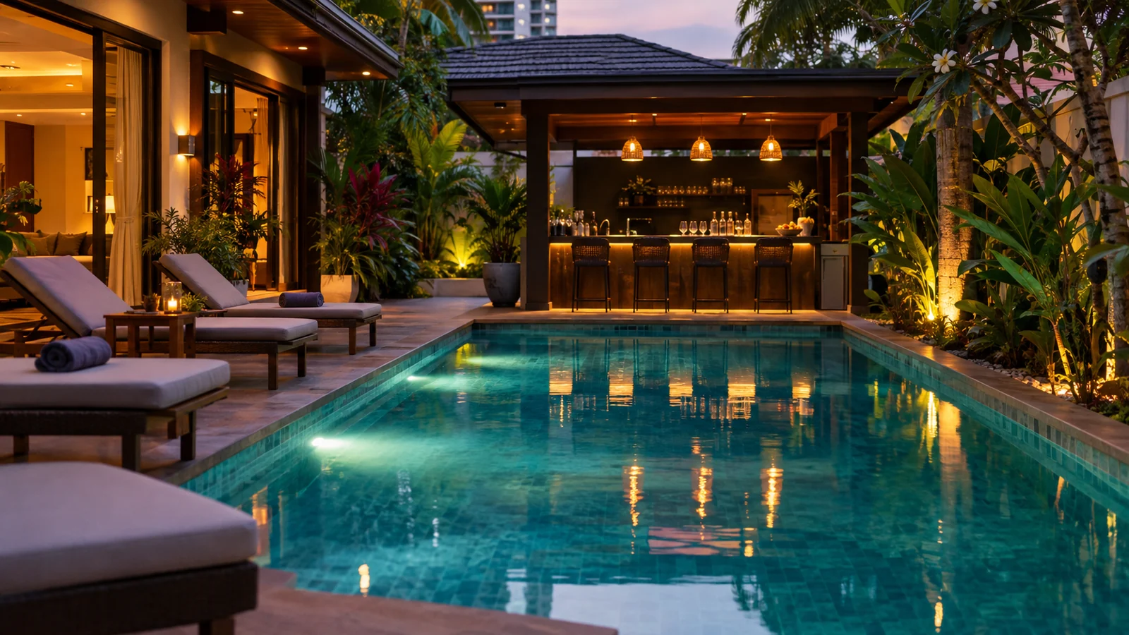 A private villa pool lit from under the water in the early evening, loungers set out and an outdoor bar ready