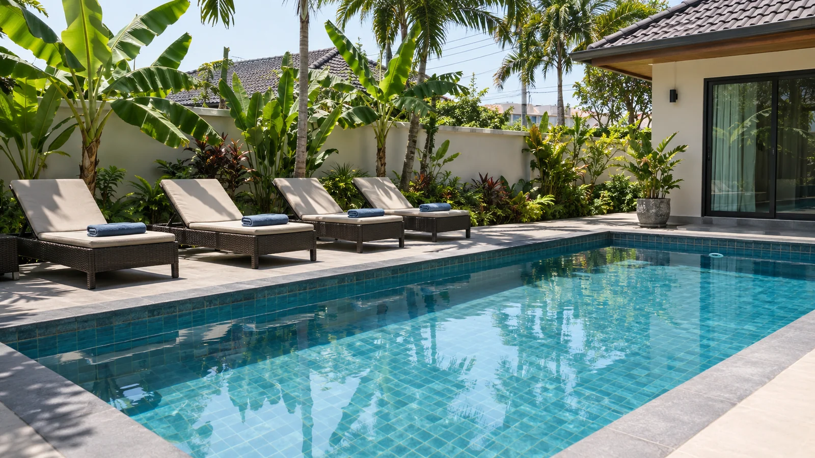 An empty villa pool at midday with folded towels on four loungers