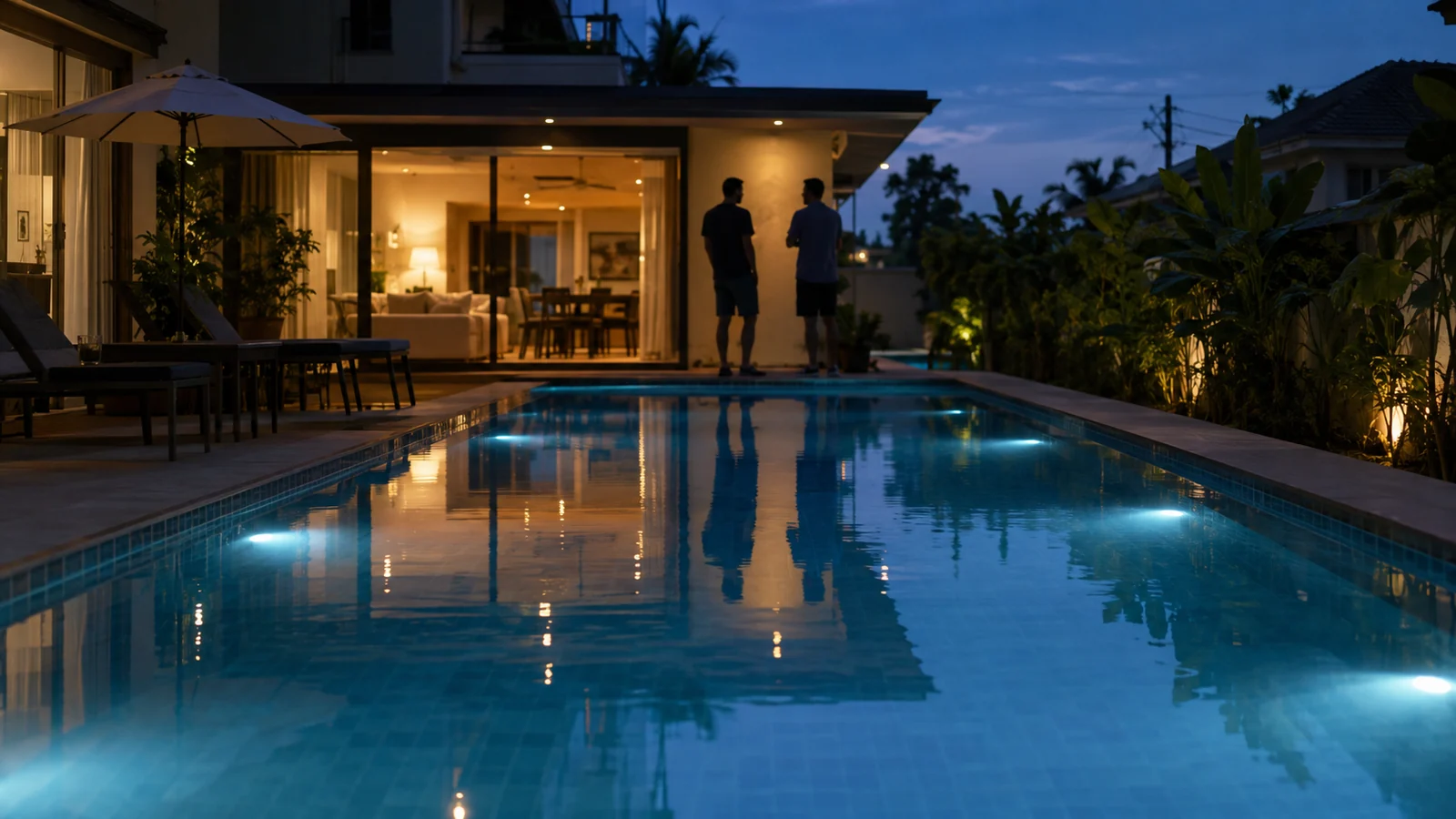 A villa pool at dusk with the underwater lights just switched on