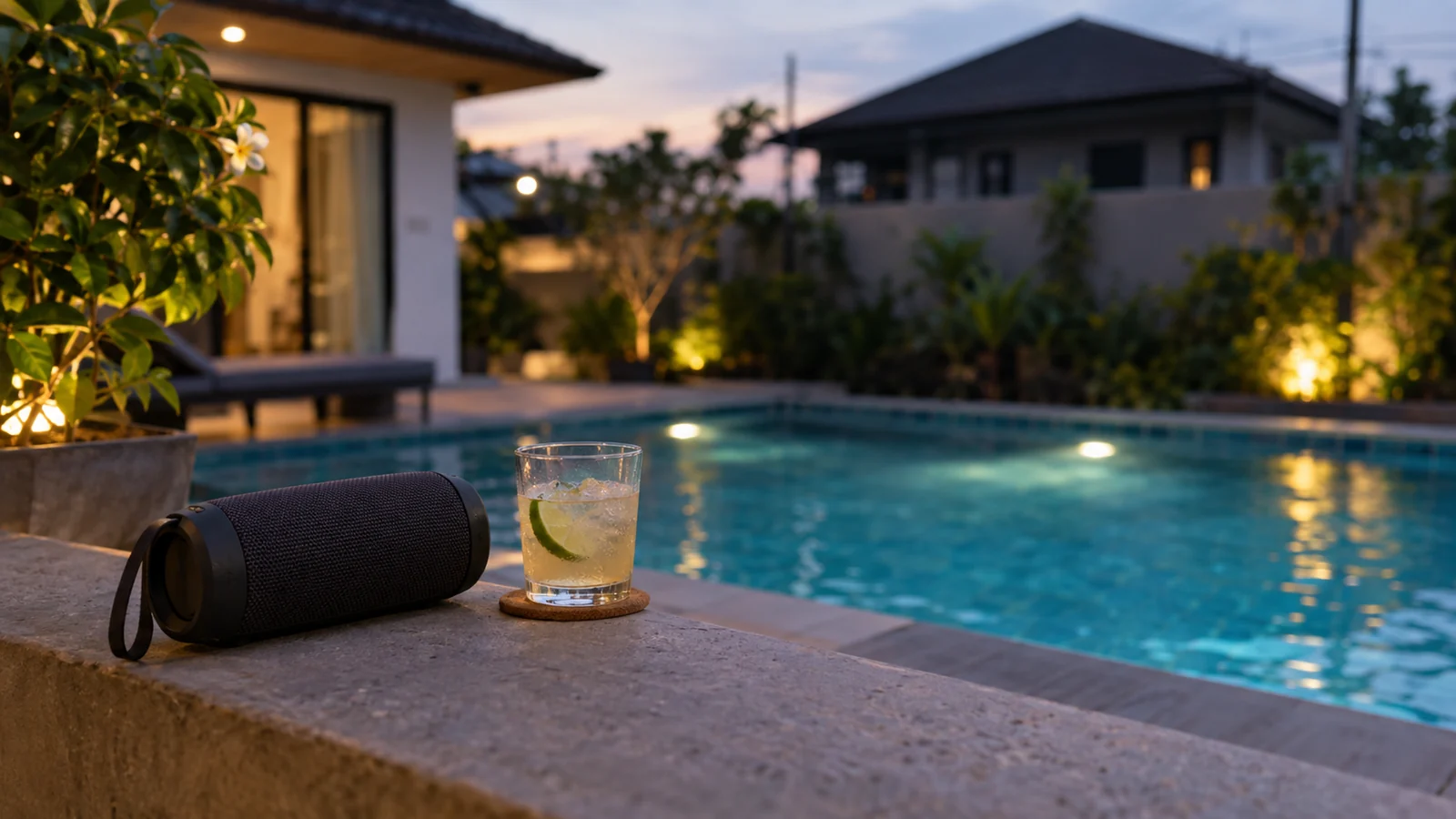 A portable speaker on a low wall beside a lit villa pool at dusk