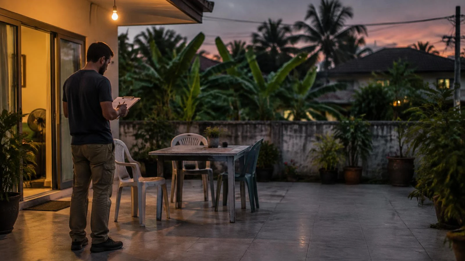 A man with a clipboard checking a list on a lit villa terrace in the early evening