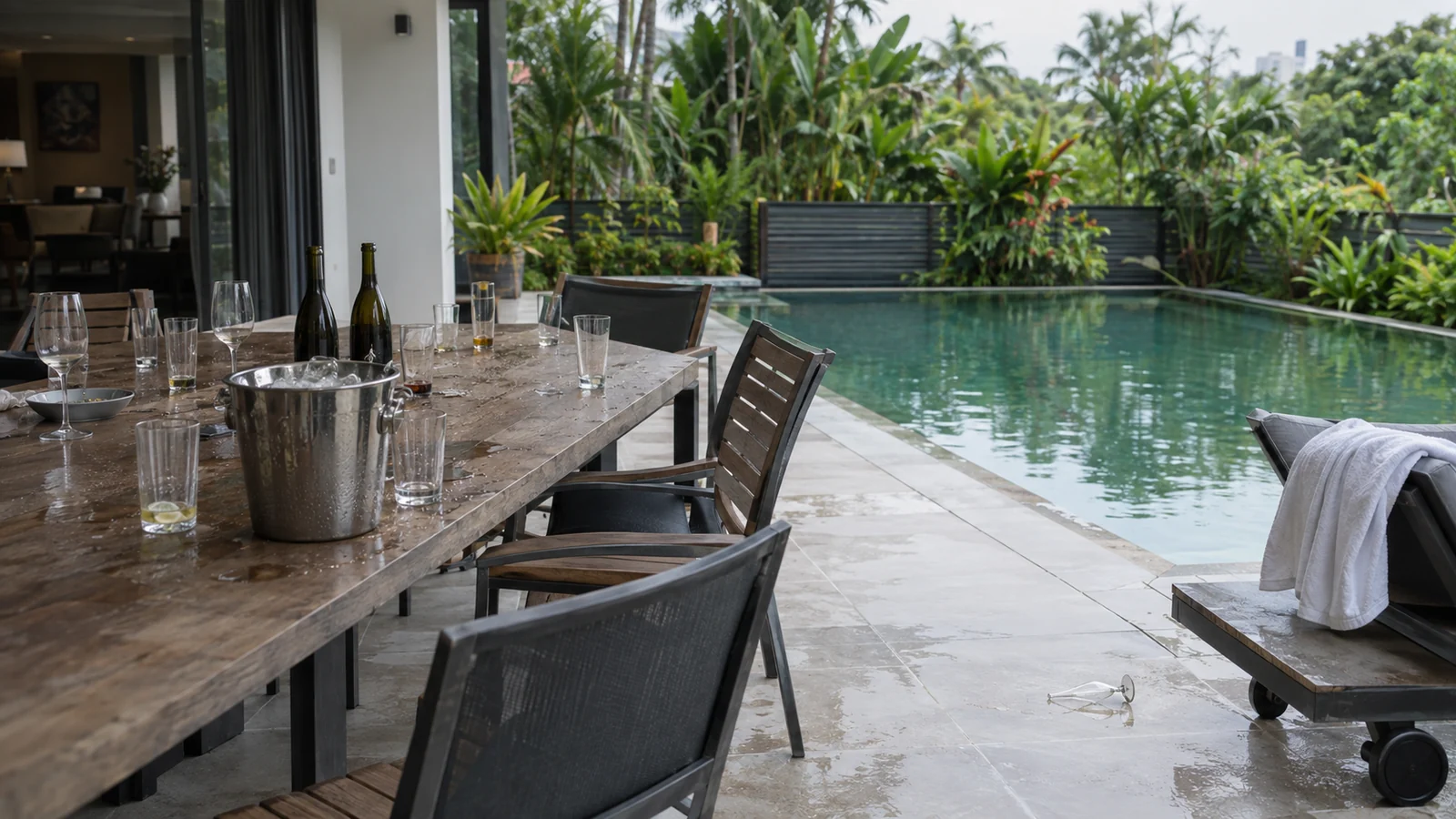 An empty villa terrace the morning after, glasses and chairs where the group left them