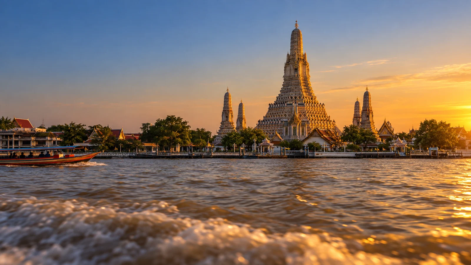 Wat Arun photographed from the Chao Phraya river in the last half hour of daylight