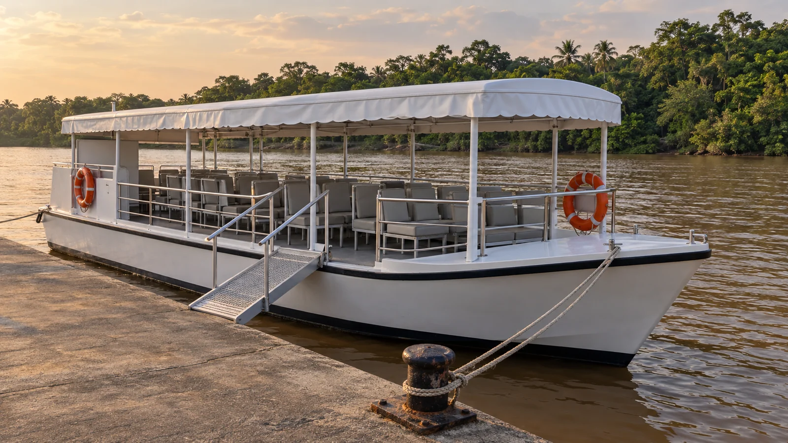 A charter boat lying alongside a river pier before boarding