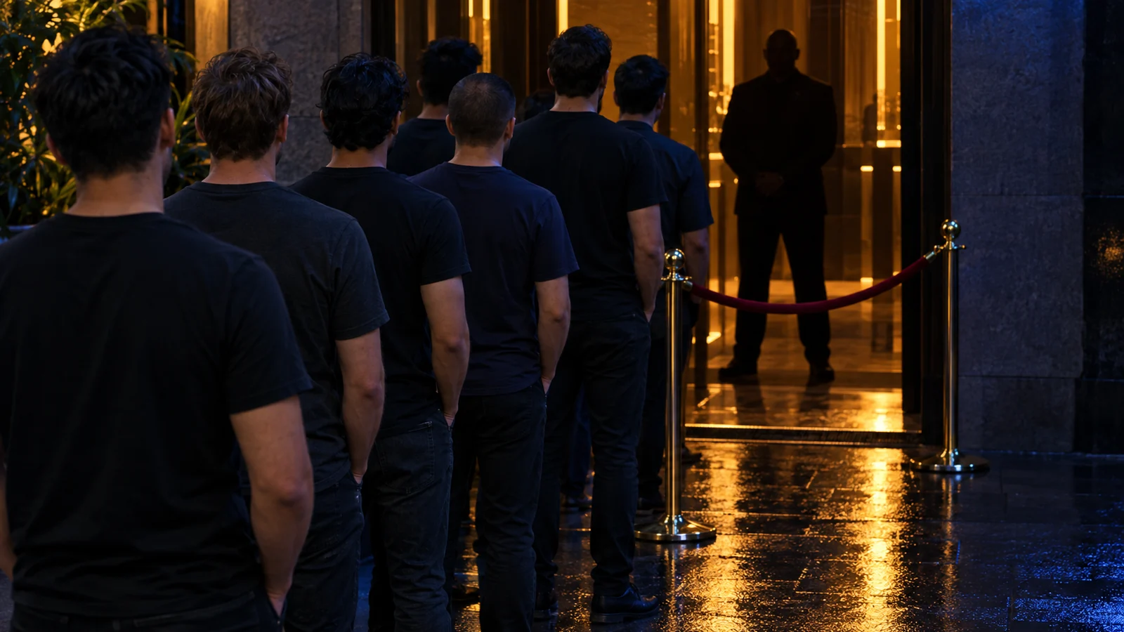 A group standing at a club door at half past midnight