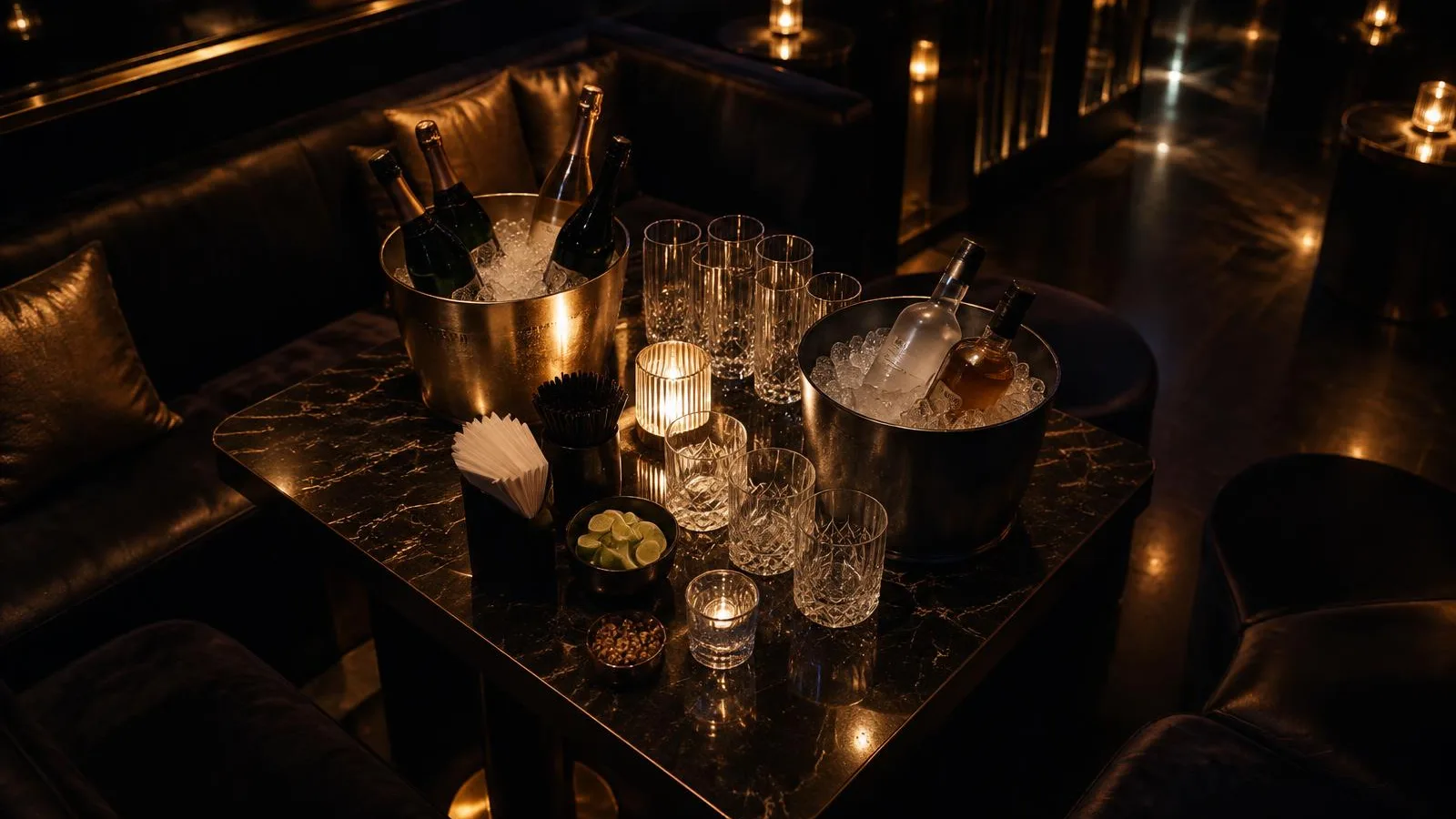 A club table set and empty before the room fills, glasses and ice ready