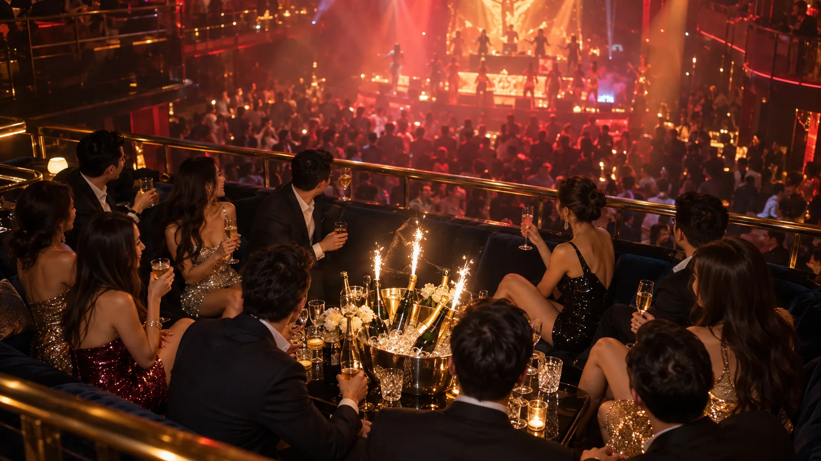 A raised VIP zone above a full club floor, bottles in ice, sparklers lit and the group at the brass rail