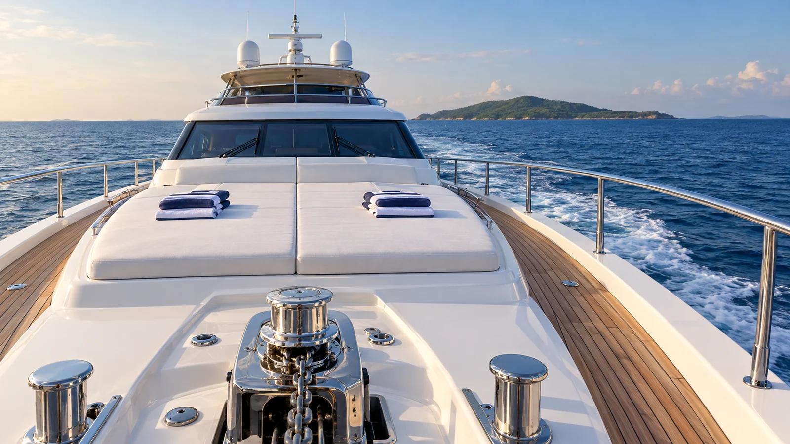 A yacht foredeck under way in the late afternoon