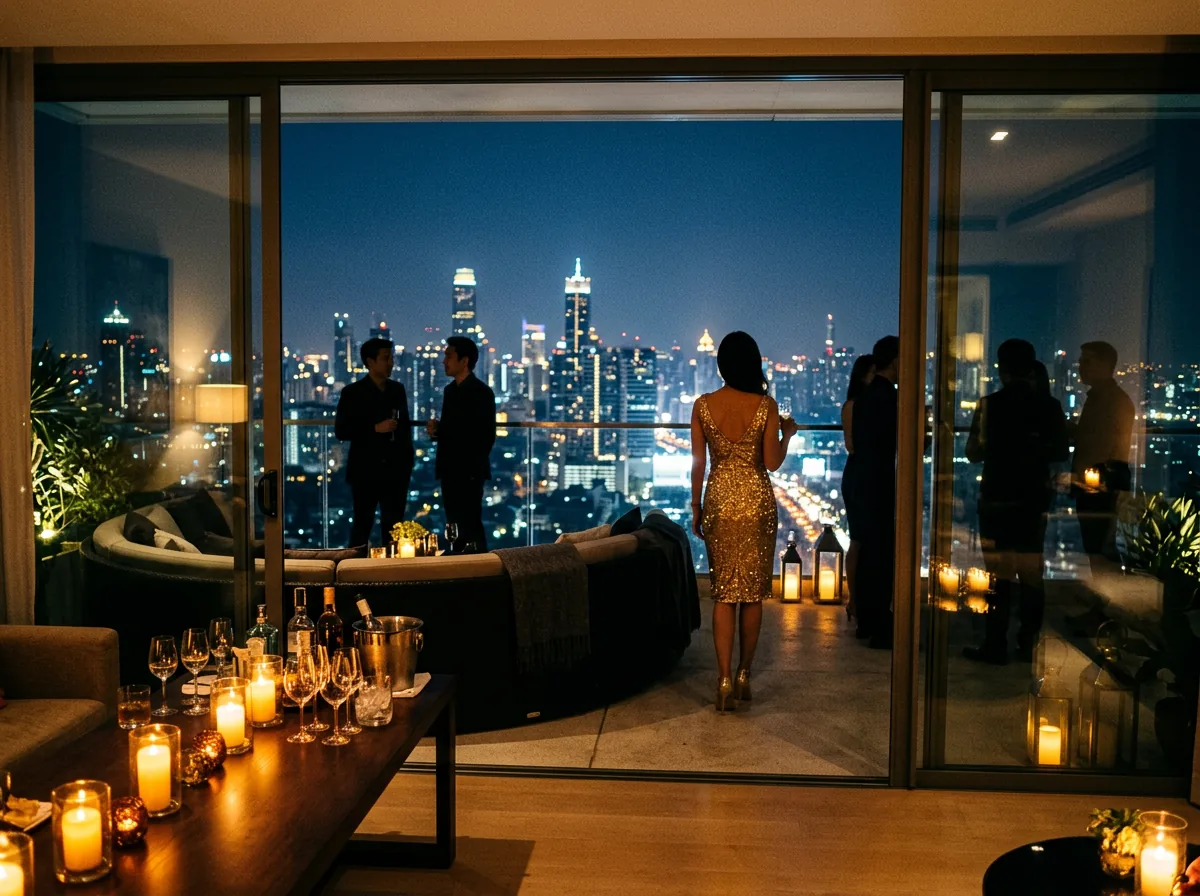 A high-floor penthouse terrace at night with candles and the Bangkok skyline beyond the glass