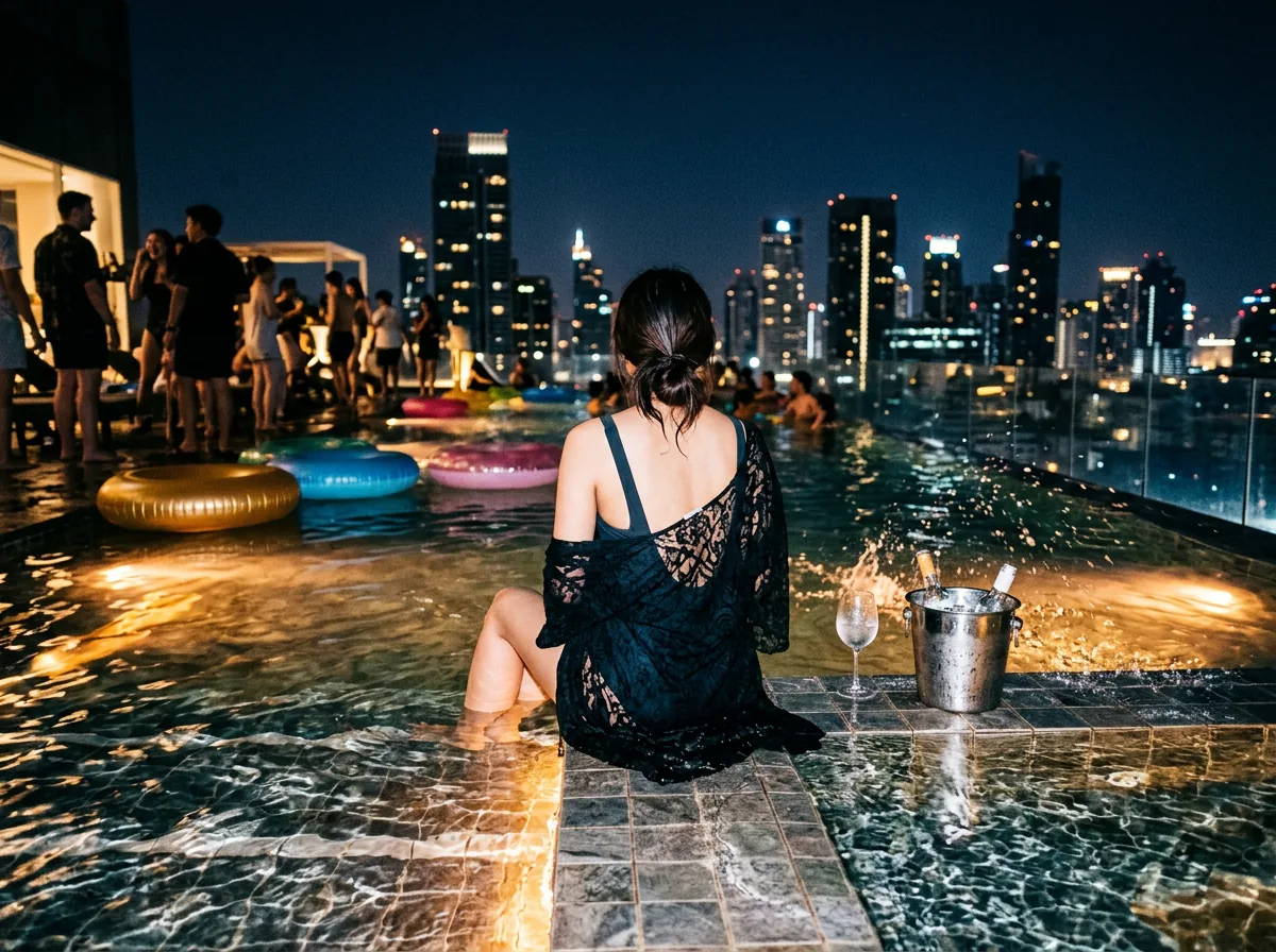 A lit rooftop pool at night with drinks at the water's edge and the city skyline behind