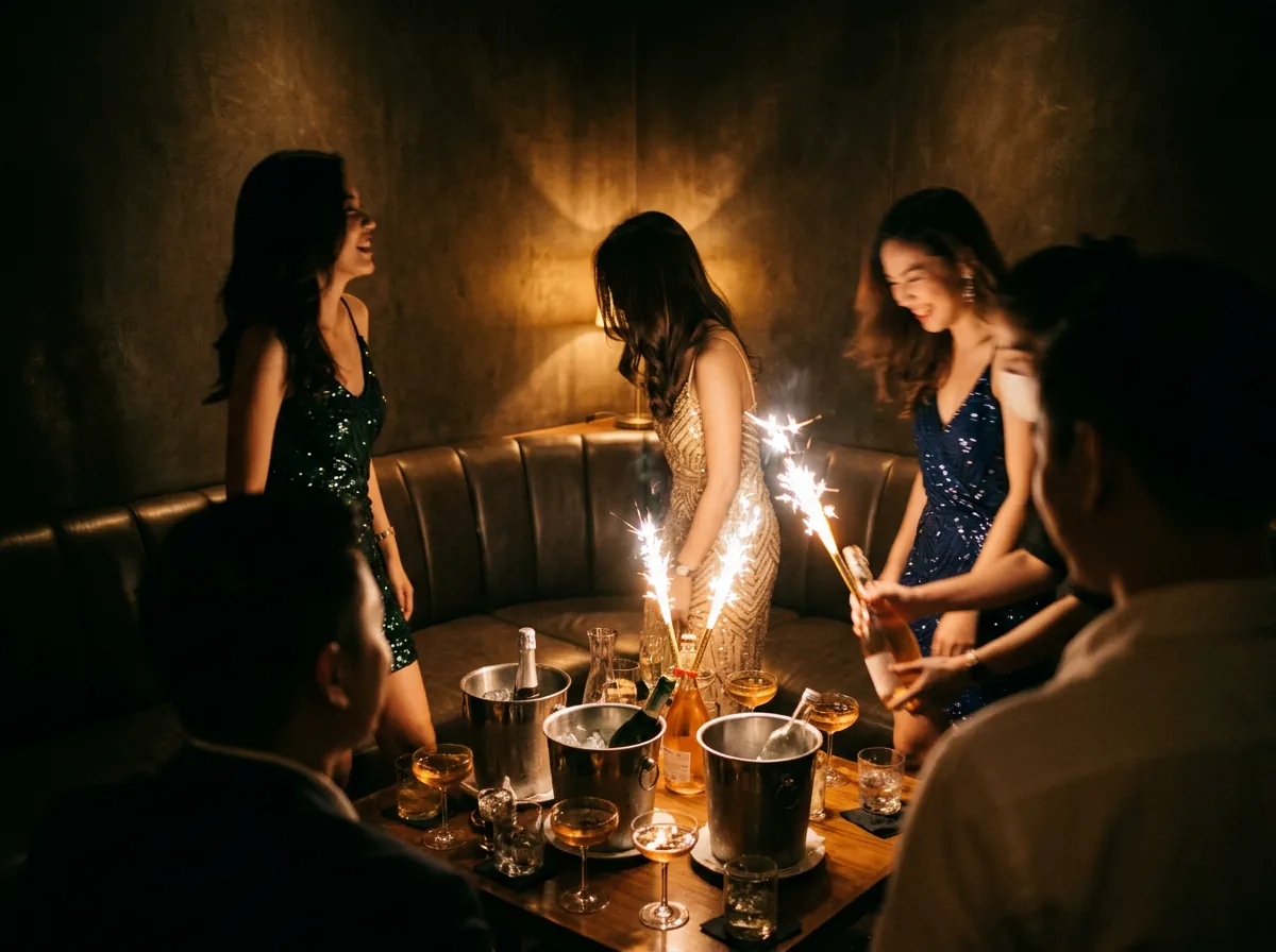 A private club room in gold light with bottle service arriving to a full booth