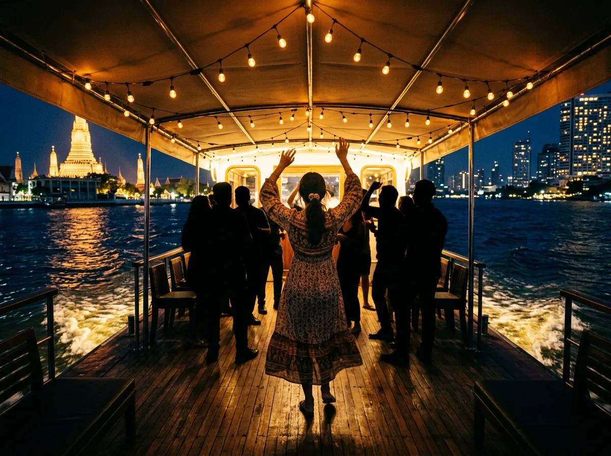 The open deck of a private river cruiser on the Chao Phraya at sunset