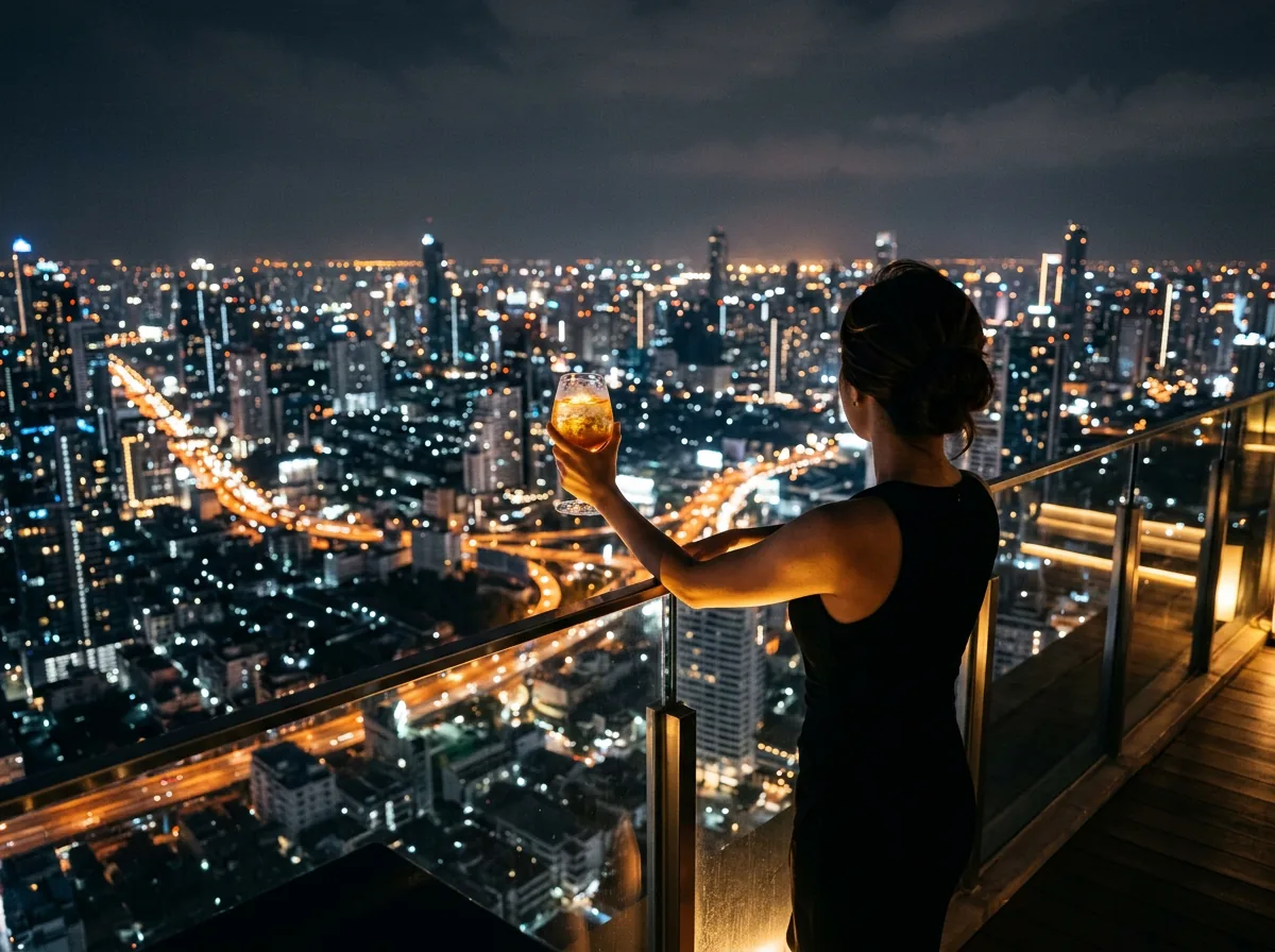 A rooftop bar at blue hour with the Bangkok skyline and the river behind it