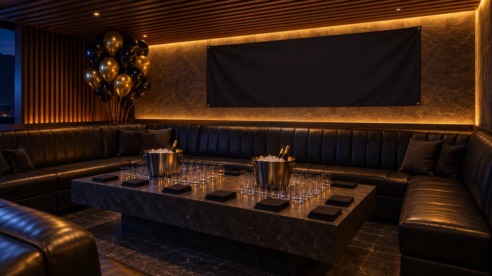 A private room dressed with balloons and a plain banner before the group arrives