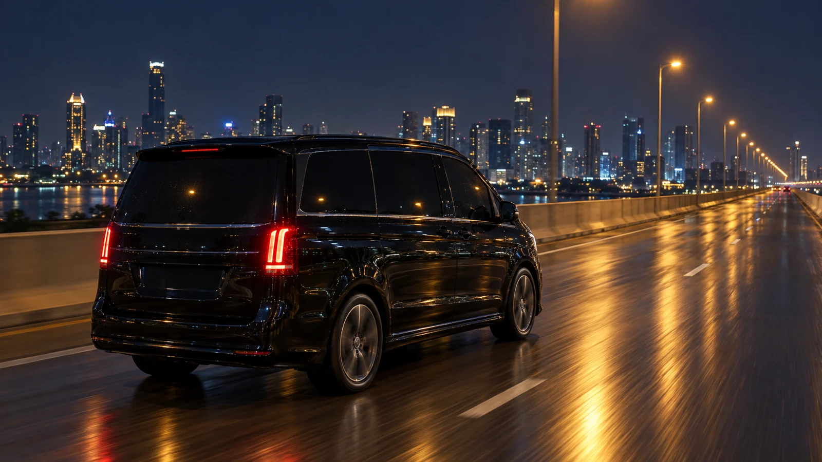 A VIP van on an elevated motorway at night