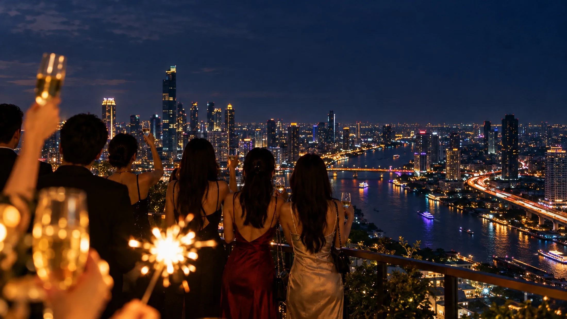 The Bangkok skyline at night seen from a rooftop