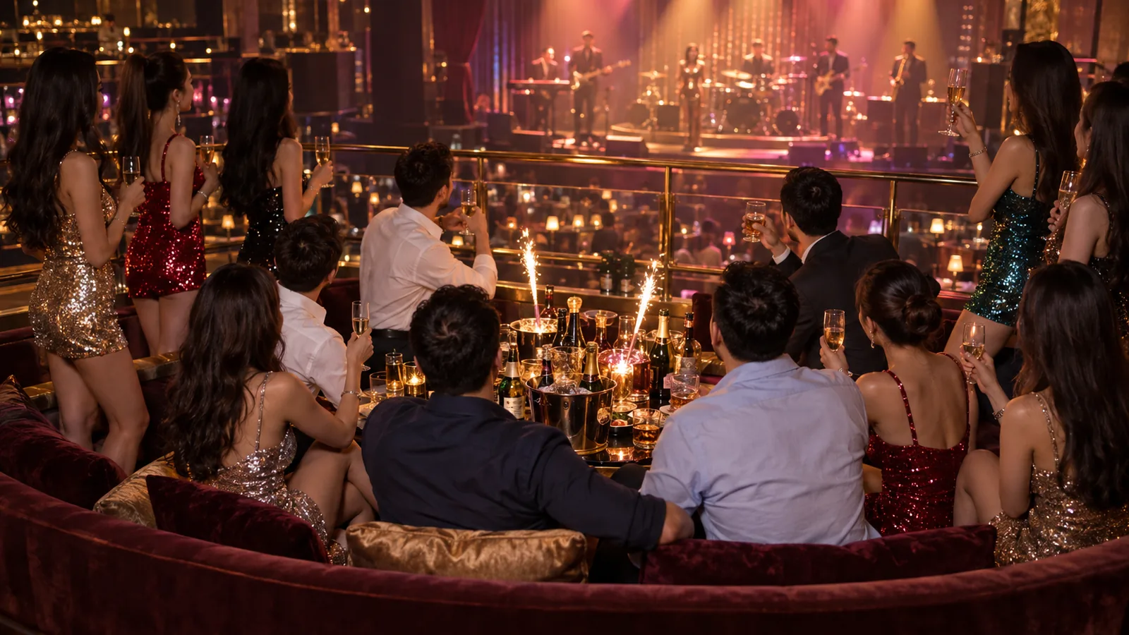 A stage-side sofa zone lit for a group with a band playing