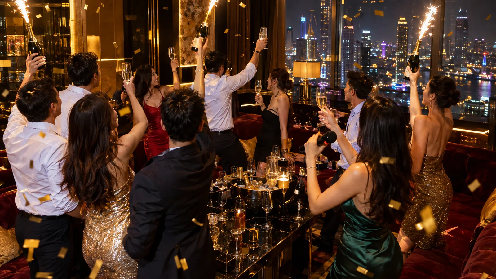 A private party in full swing with sparklers and a toast after dark