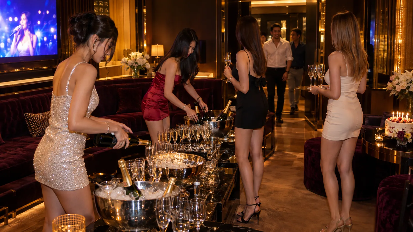 Hosts and a champagne setup in a private room in the evening
