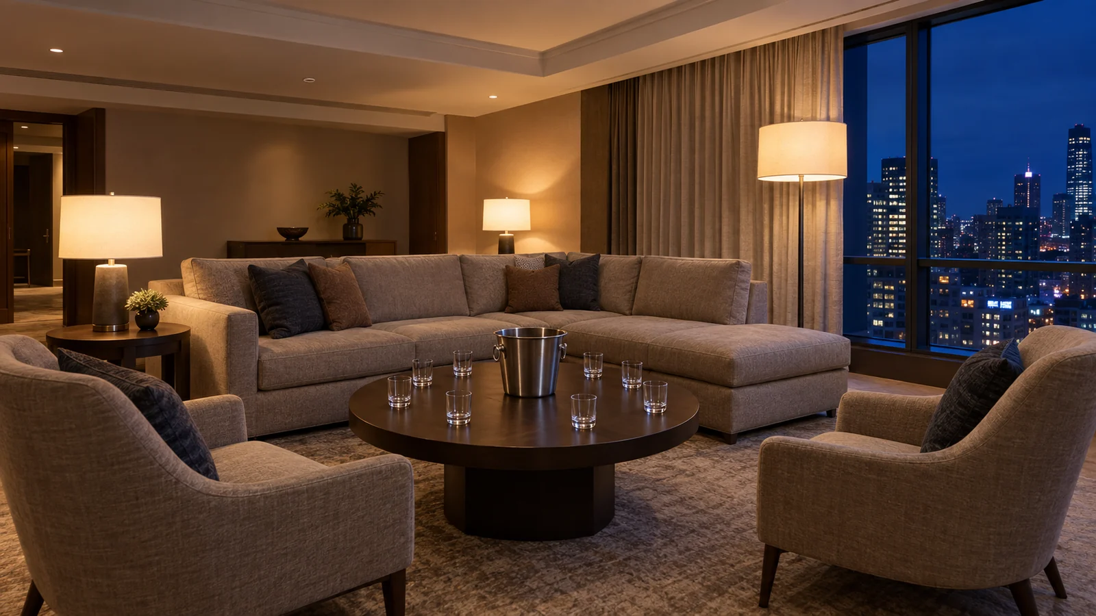 A hotel suite set for a group before the night starts