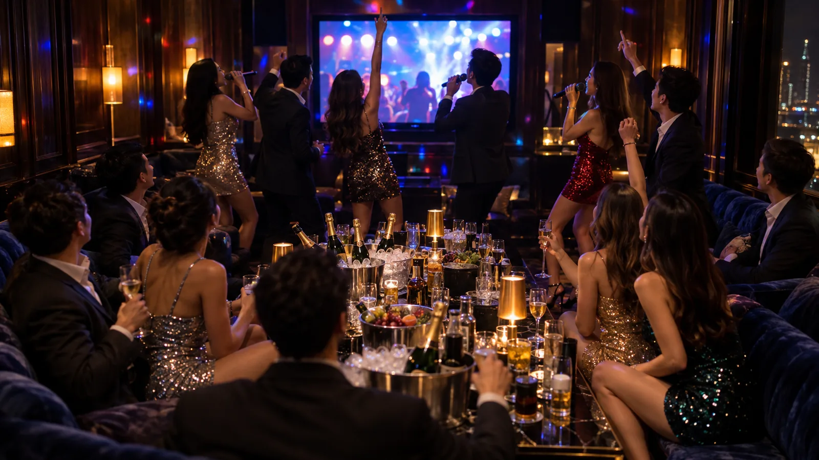 A party room mid-song with the group on their feet