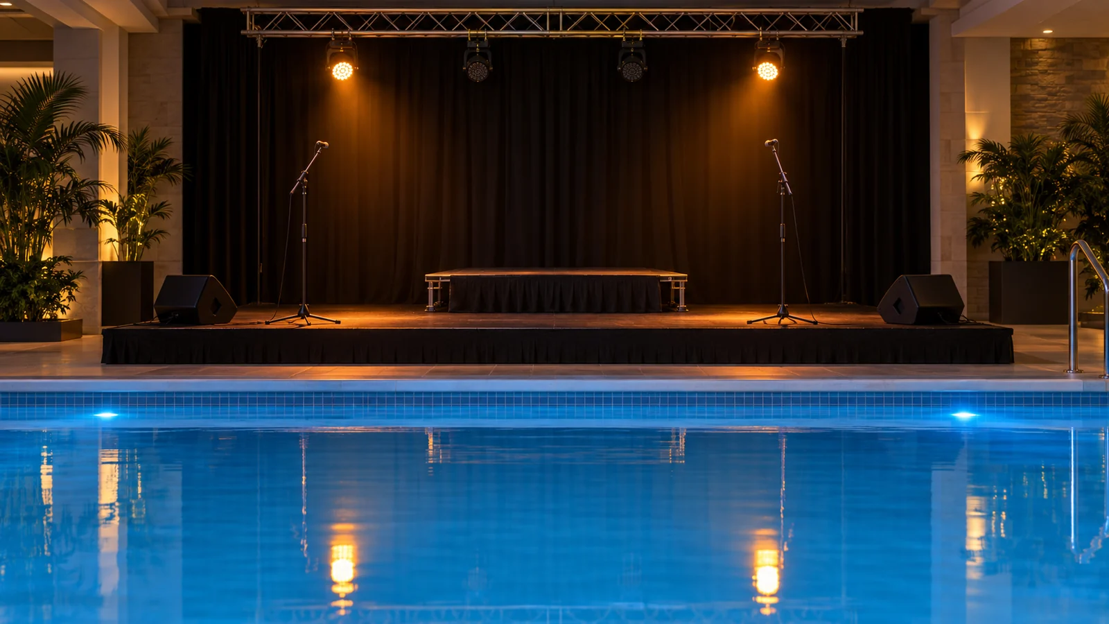 A private stage set at the edge of a lit pool zone