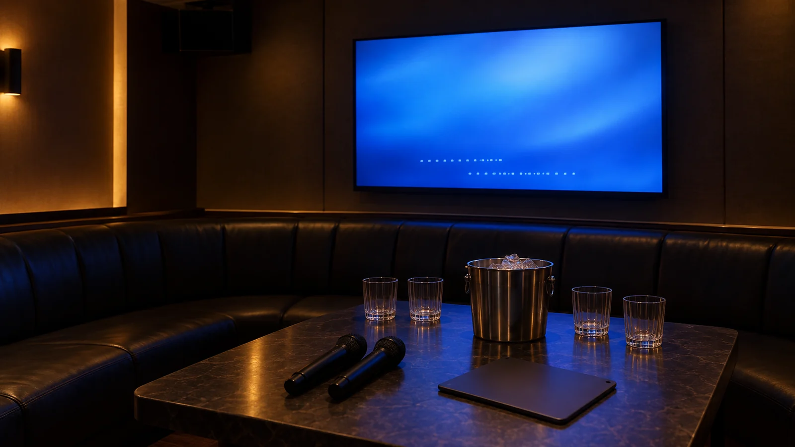 A karaoke screen lit in a private room with two microphones on the table