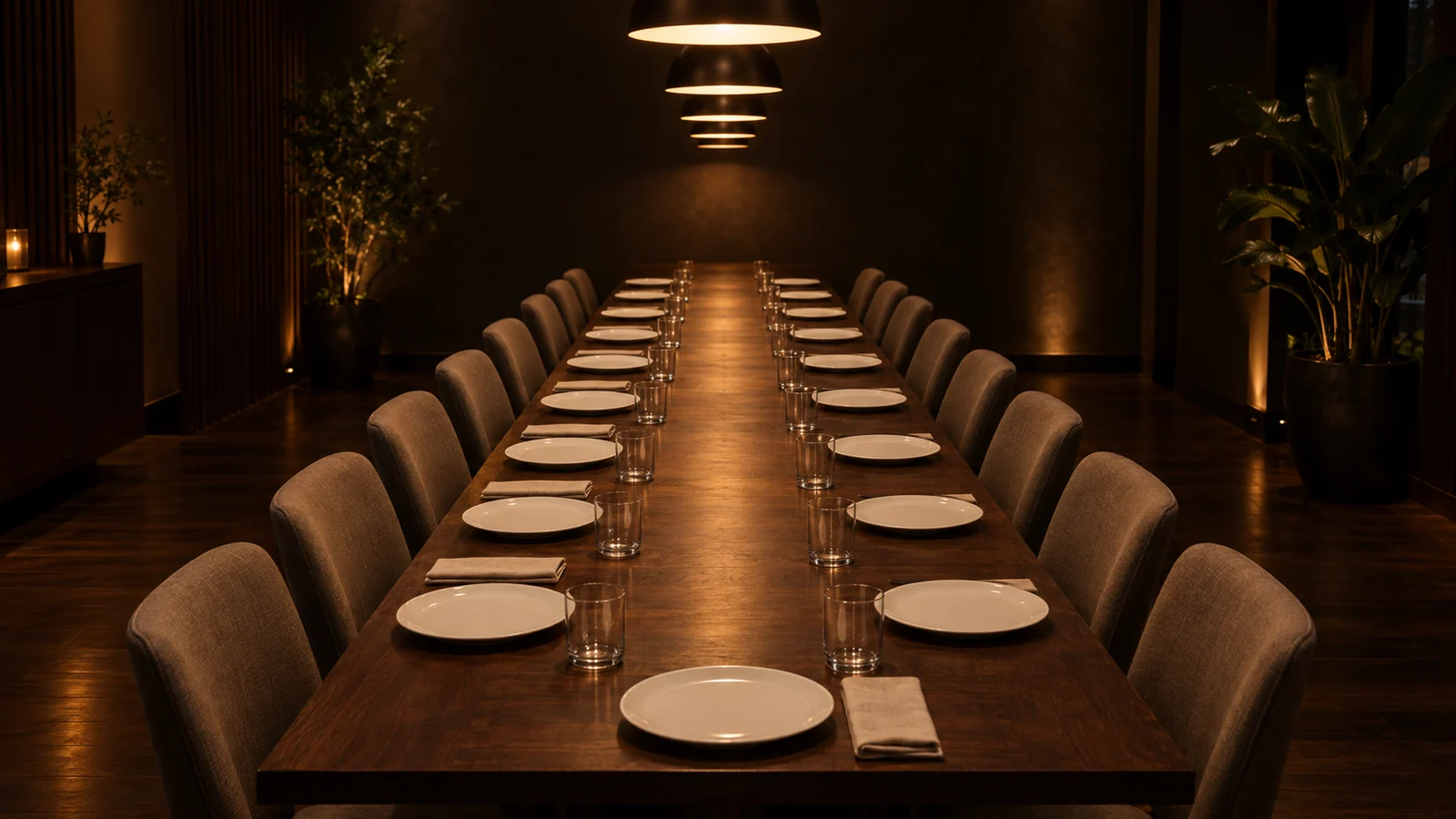 A long table set for sixteen men