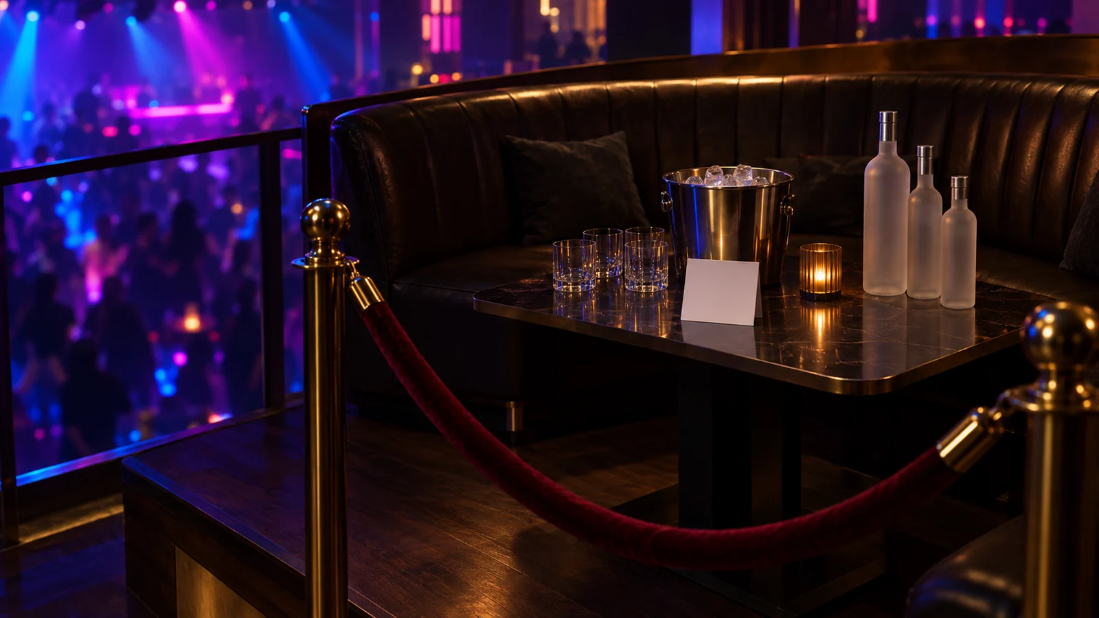A reserved booth held for a group, glasses and mixers already set out