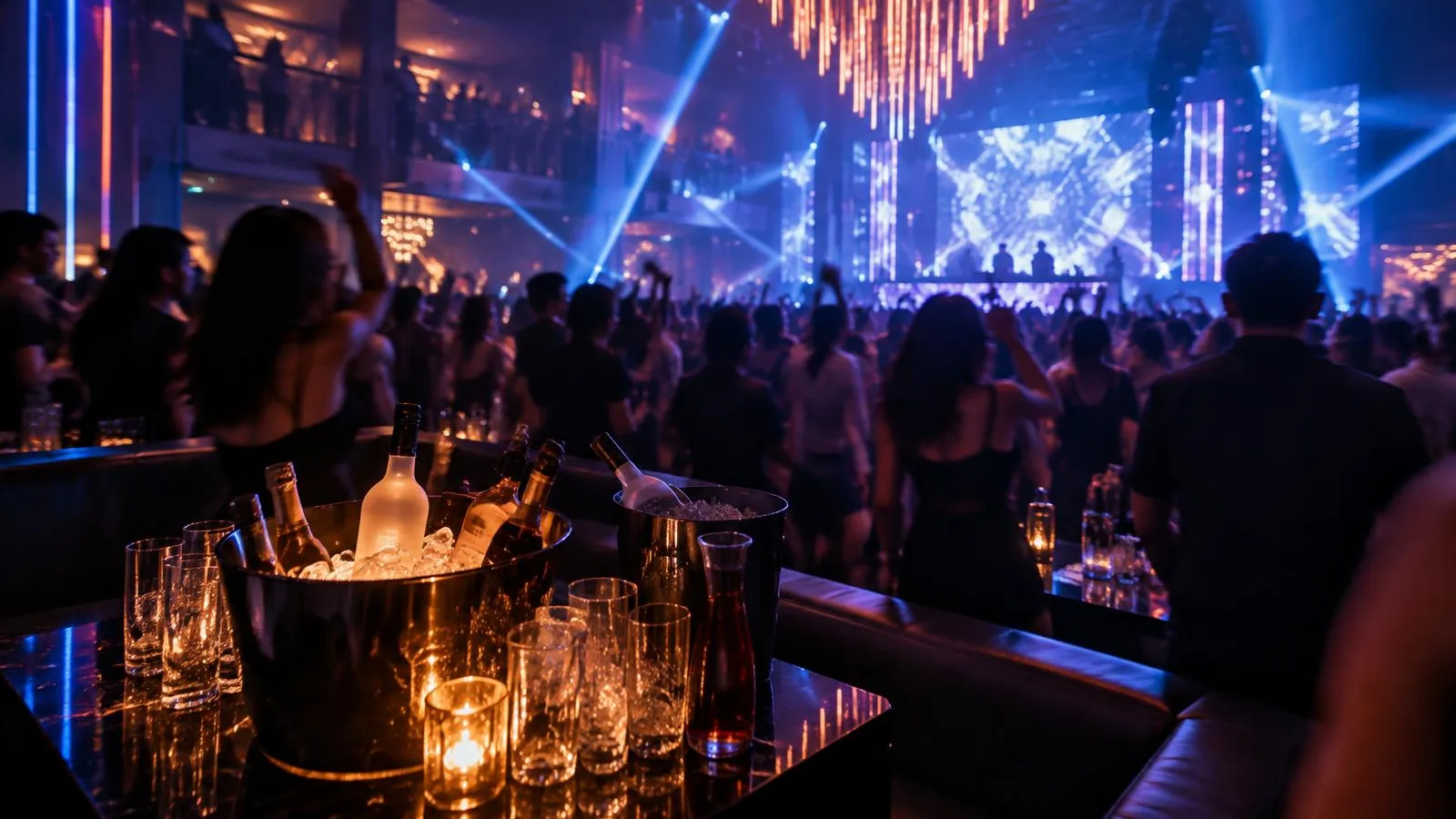 A reserved VIP table above a full Bangkok dancefloor, bottles and ice on the table