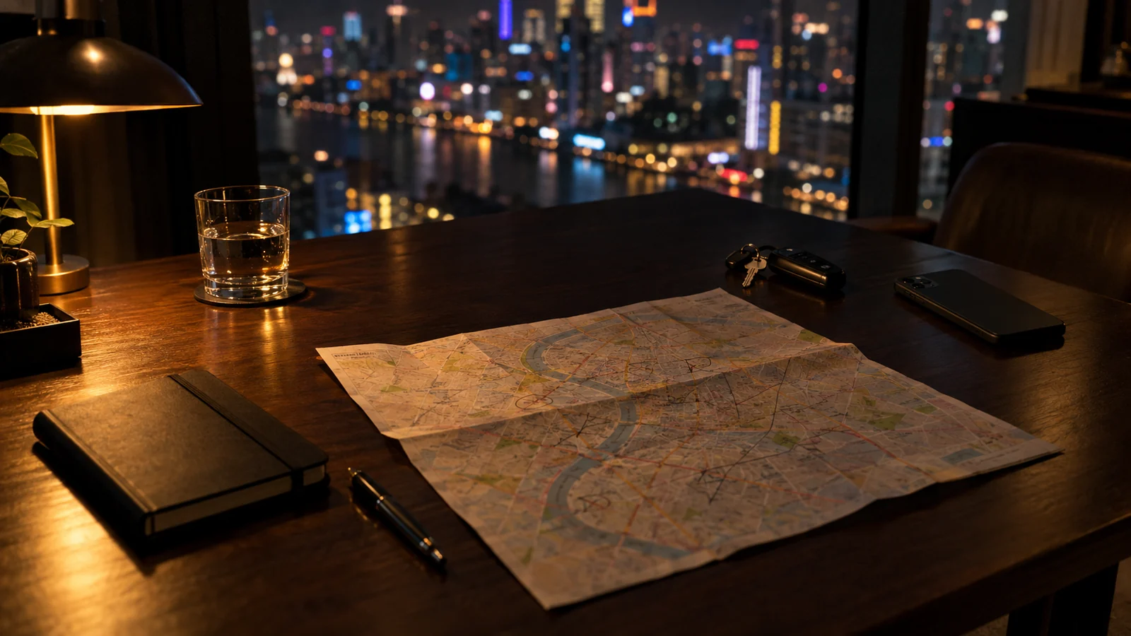 A planning table at night with a city map, a phone and a notebook open