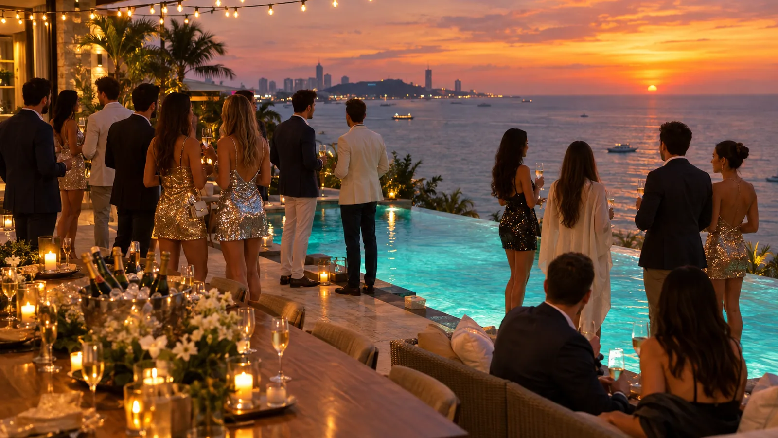 The group at the beachfront villa pool at dusk in Pattaya