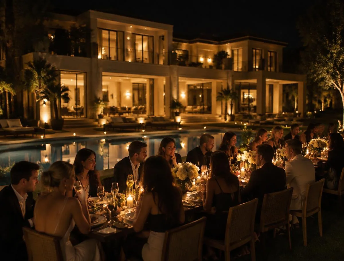 A large villa lit from within with a festoon-lit long table beside the pool