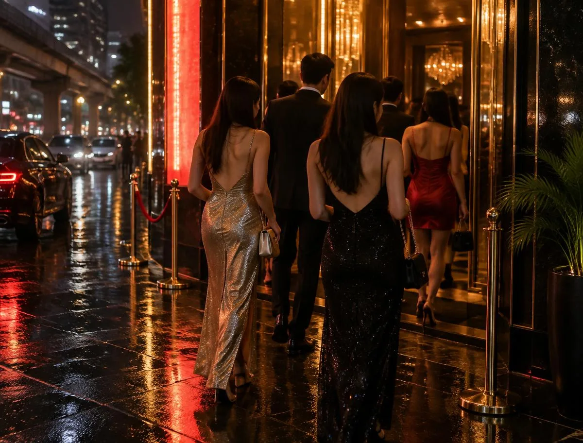 A group arriving at a club entrance at night with neon reflected on wet pavement