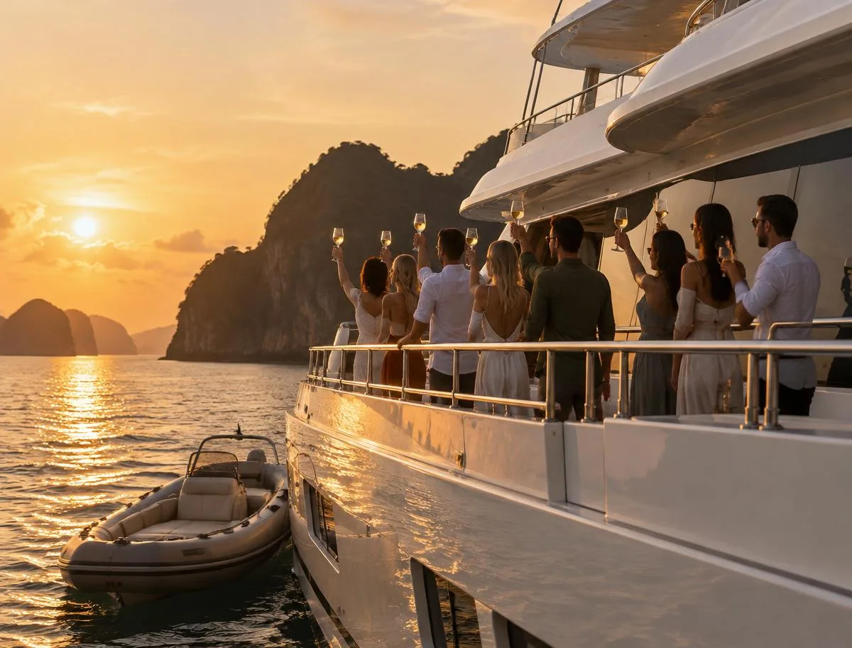 A superyacht at golden hour with the whole group along the rail