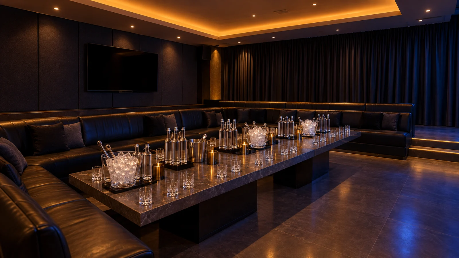 A hotel party suite set out for sixteen men before the group arrives