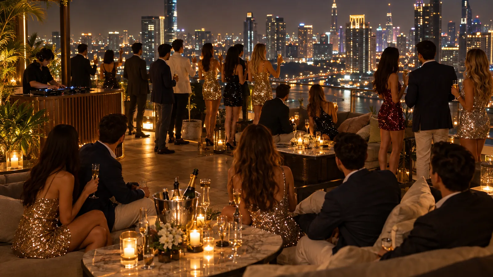 A rooftop taken over for a private group at night with a DJ set up