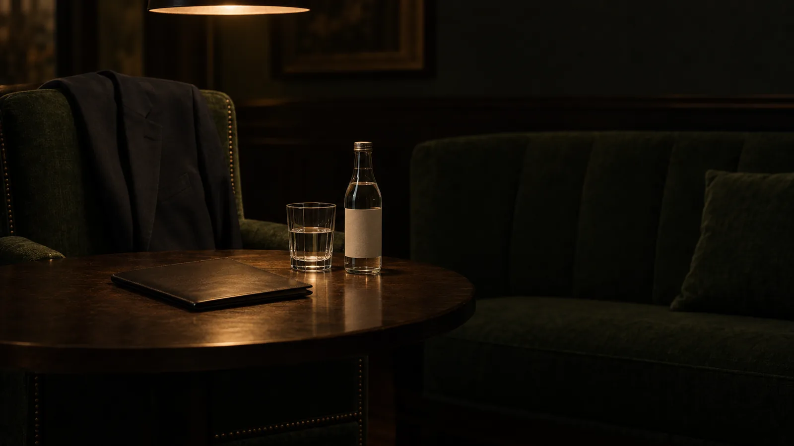 A dark jacket over an empty armchair beside a closed bill folder and a glass of water