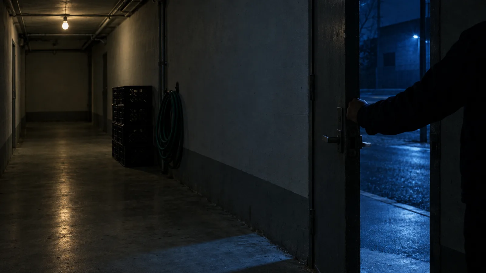 A service door held part open onto a dark street at the end of a bare back corridor