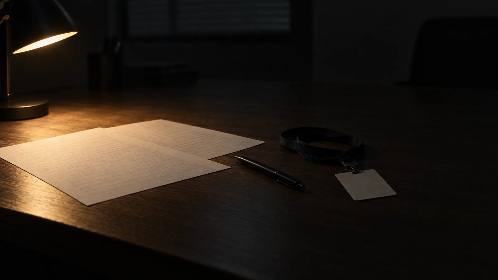 Paper, a pen and a blank lanyard card on a desk under a single lamp