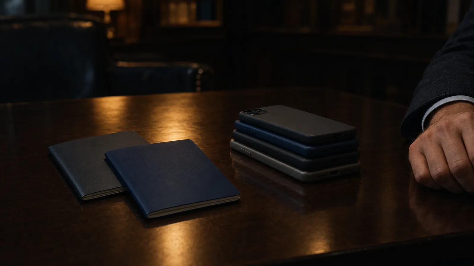A stack of phones lying face down beside two plain closed booklets on a dark table