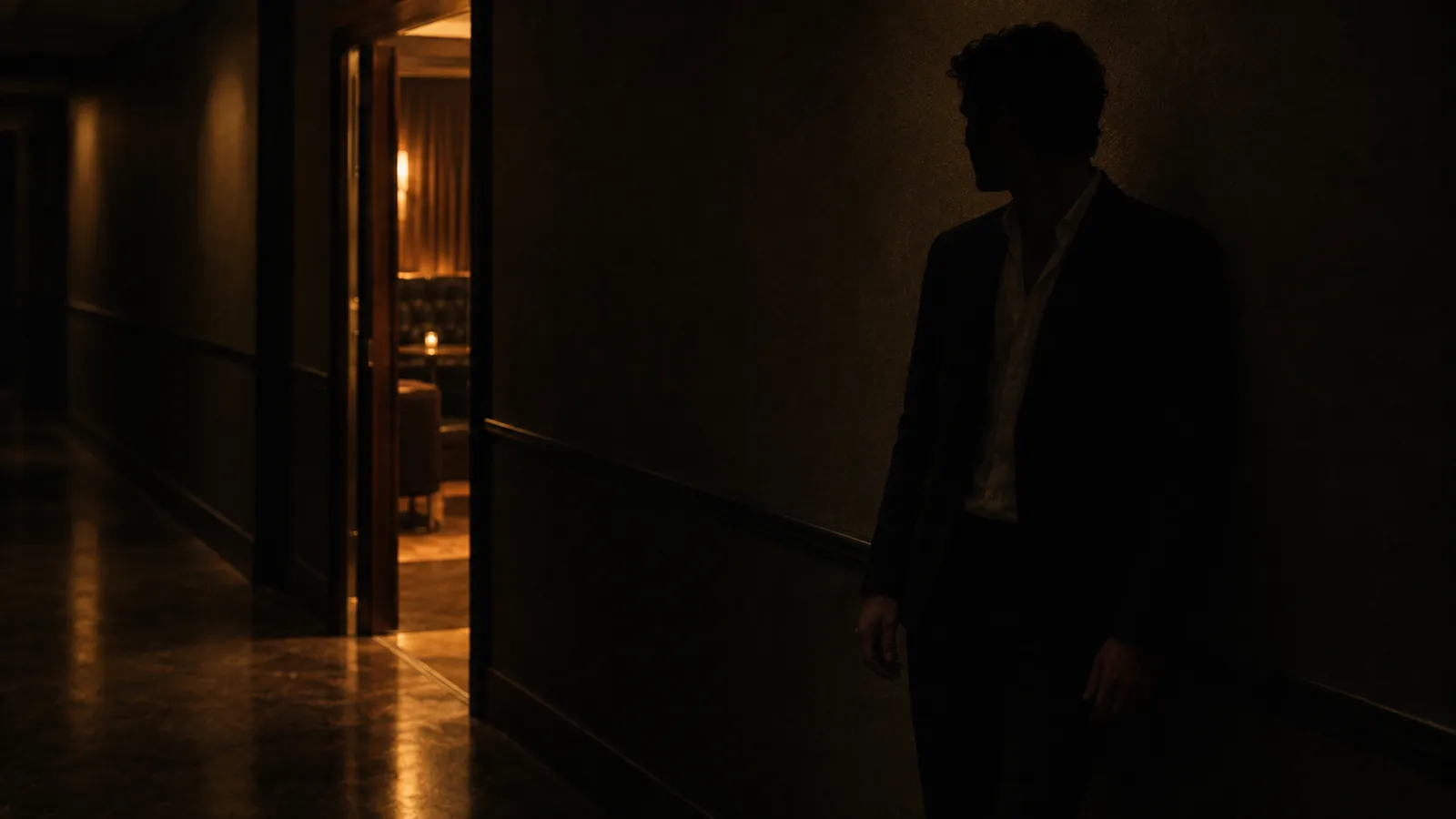 A figure in a dark jacket standing against the wall of a dim corridor, lit only by a doorway