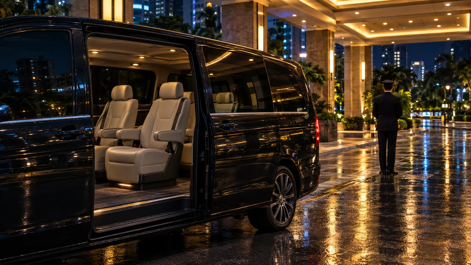 A nine-seat van waiting at a hotel kerb at night