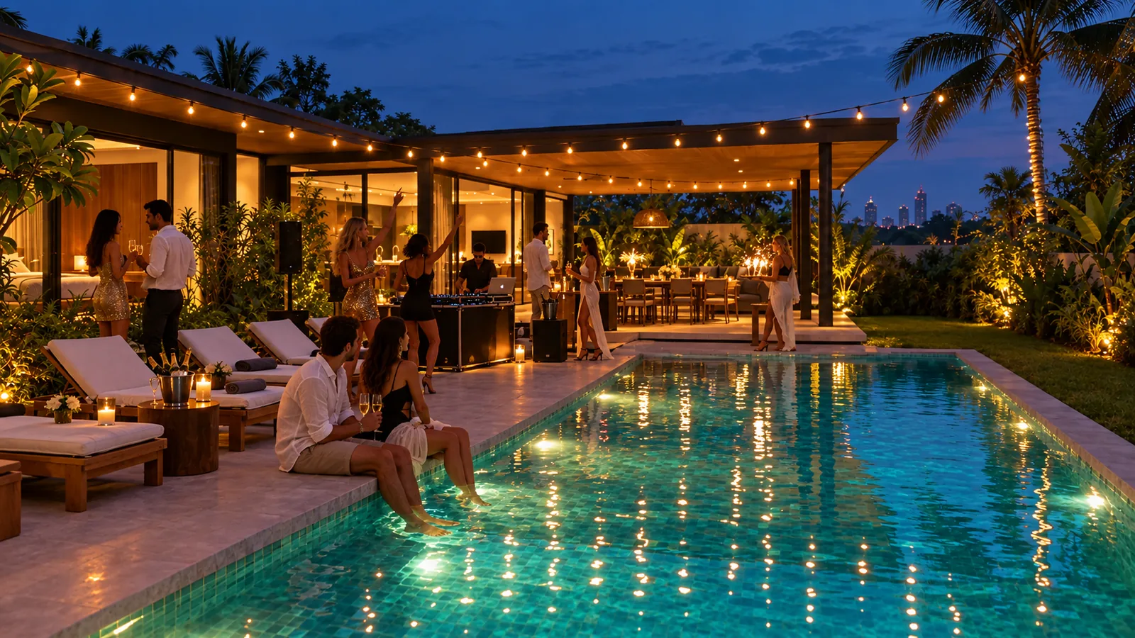 The villa pool party after dark under festoon lights