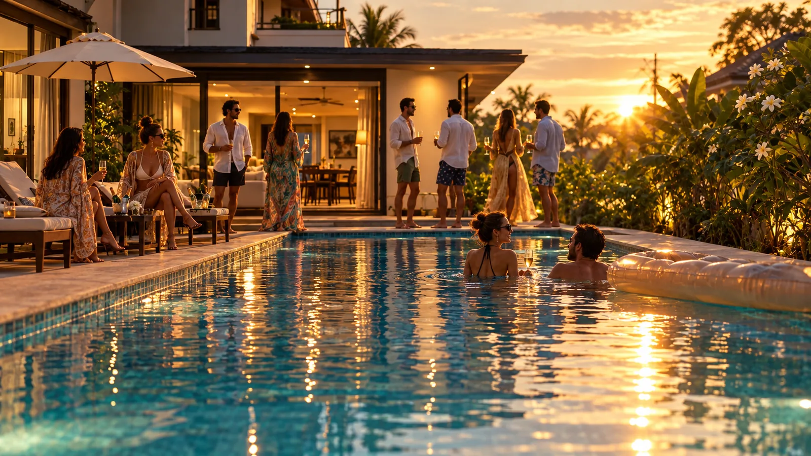 The villa pool party at golden hour with the group in the water