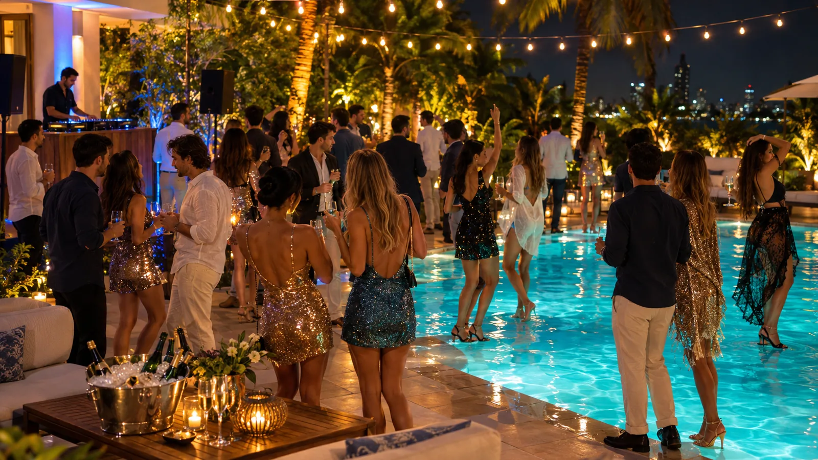 A private villa pool at night, lit, with a group in it