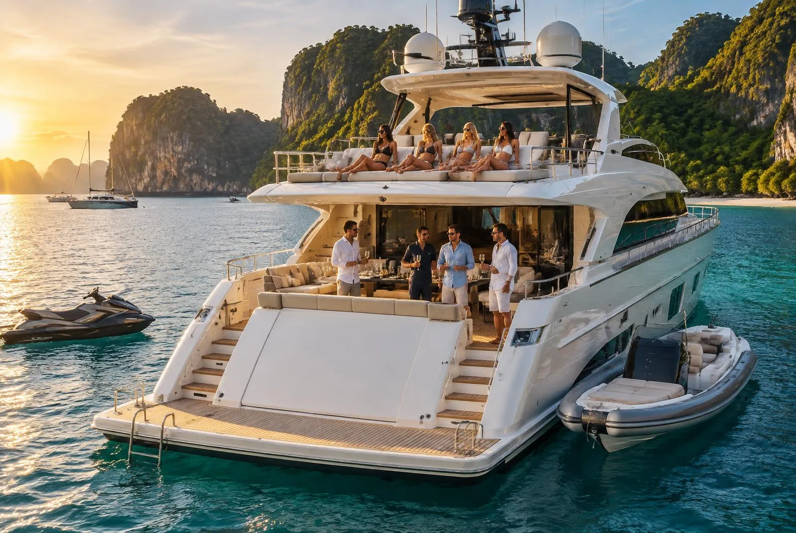A group on the sundeck of a motor yacht at anchor off a Gulf island in the afternoon, champagne on the table