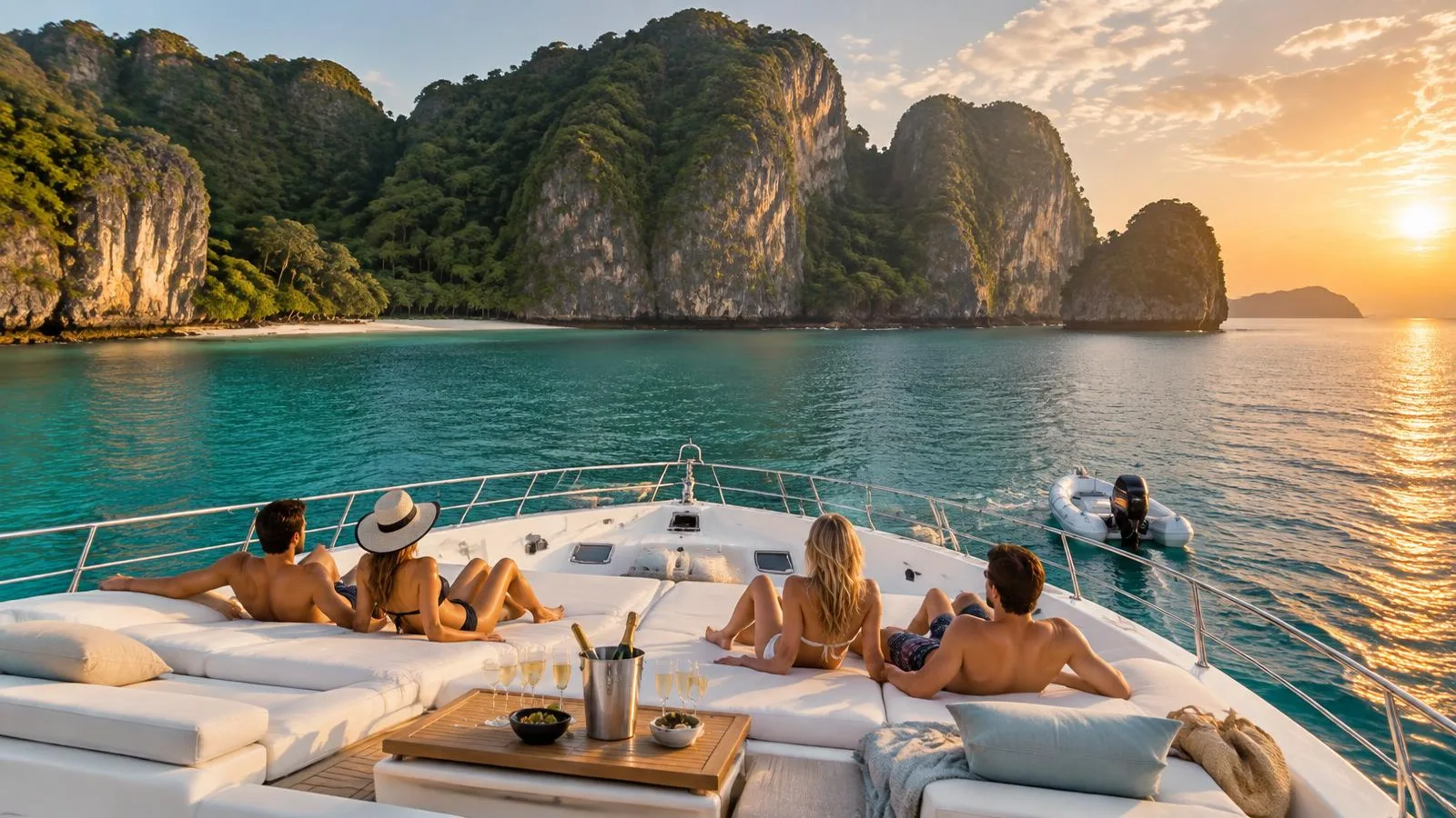 A group on the foredeck sunpads of a charter yacht at anchor in turquoise water, limestone karsts behind in golden light